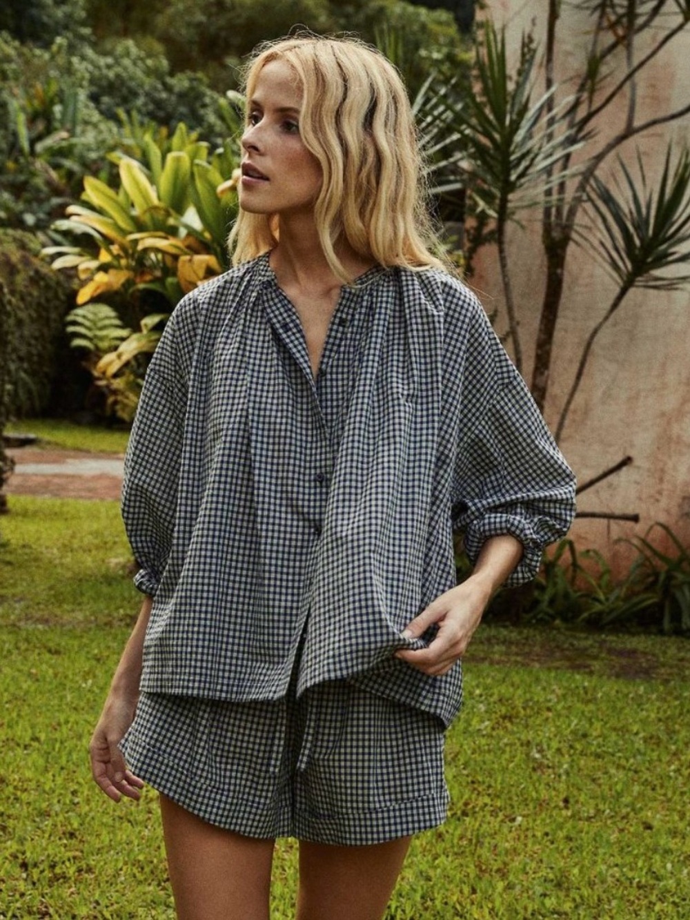 DÔEN The Jane Blouse in Navy Somerset Plaid Organic Cotton Gingham Plus Size XXL